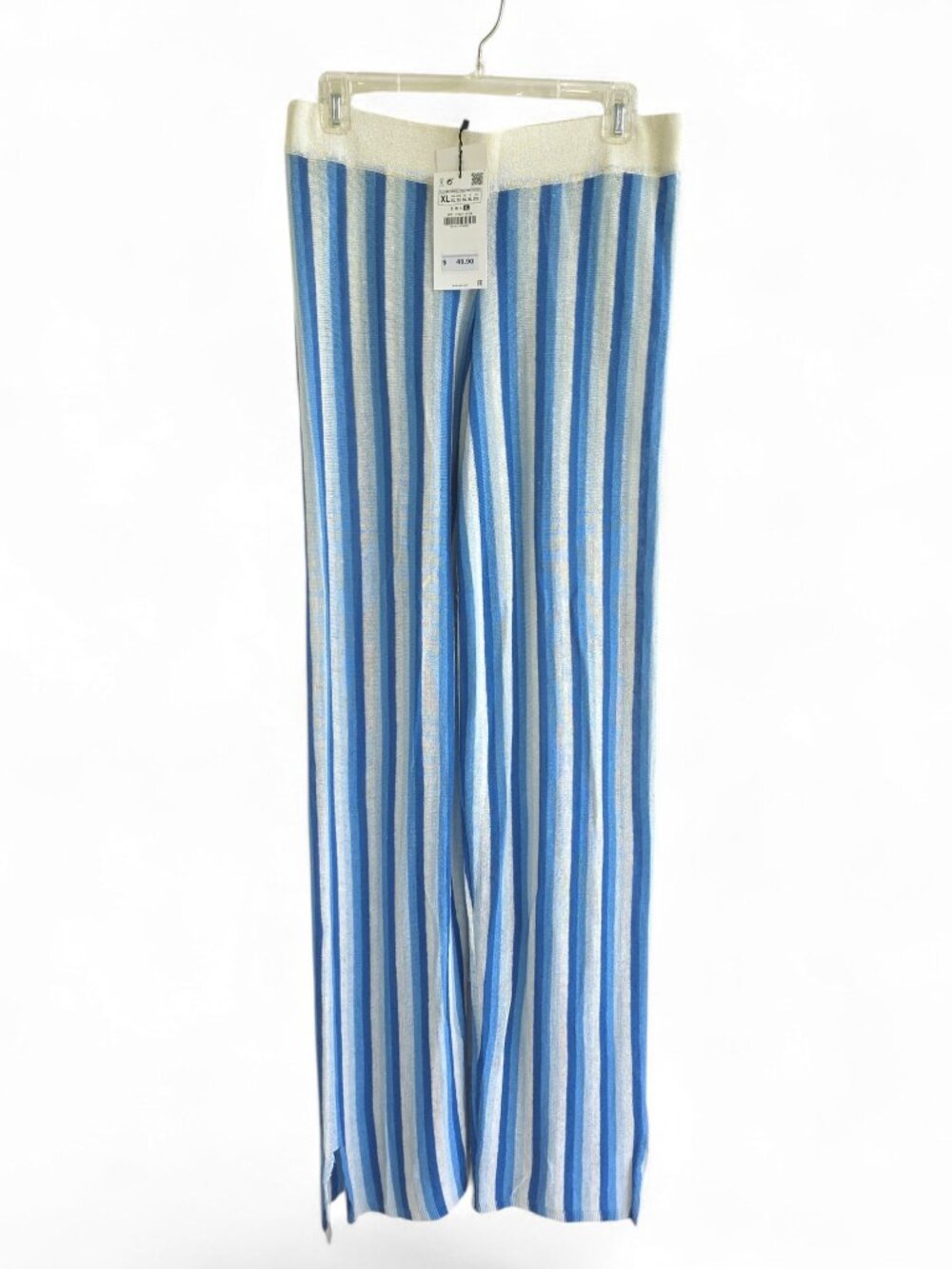 NWT Zara  blue and white vertical striped knit wide-leg pants in linen